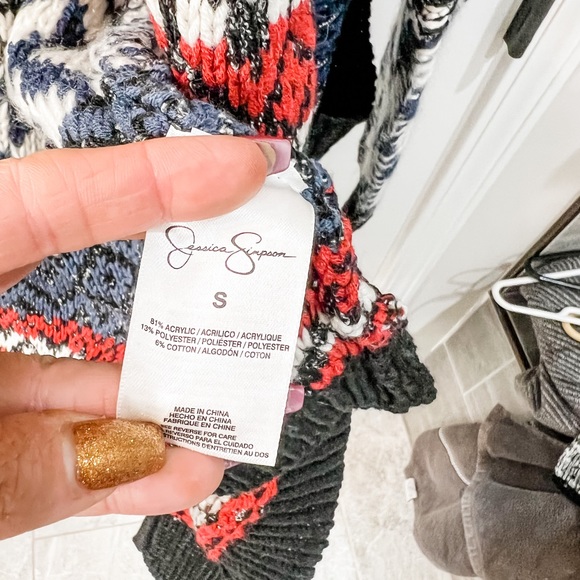 Jessica Simpson Red and Blue Chunky Thistle Cardigan with Accent Fringe Size S - Picture 7 of 12